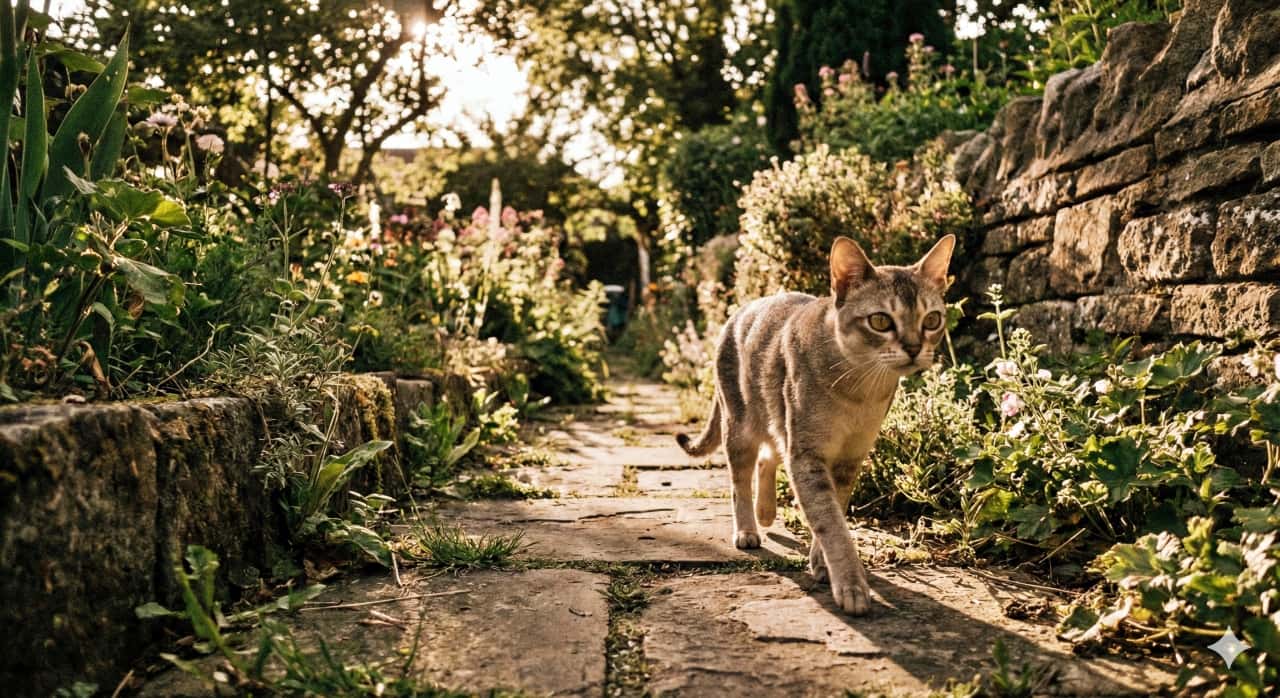 A realistic photo of a Singapura cat walking along a narrow stone garden path surrounded by lush greenery and flowers. Warm outdoor light filters through the trees, casting soft shadows and highlighting the cat’s graceful movement in a tranquil setting. 緑と花々に囲まれた細い石畳の庭道を歩くシンガプーラ猫のリアルな写真。木々の間から差し込む暖かな自然光が柔らかな影を落とし、猫の優雅な動きと穏やかな雰囲気を際立たせている