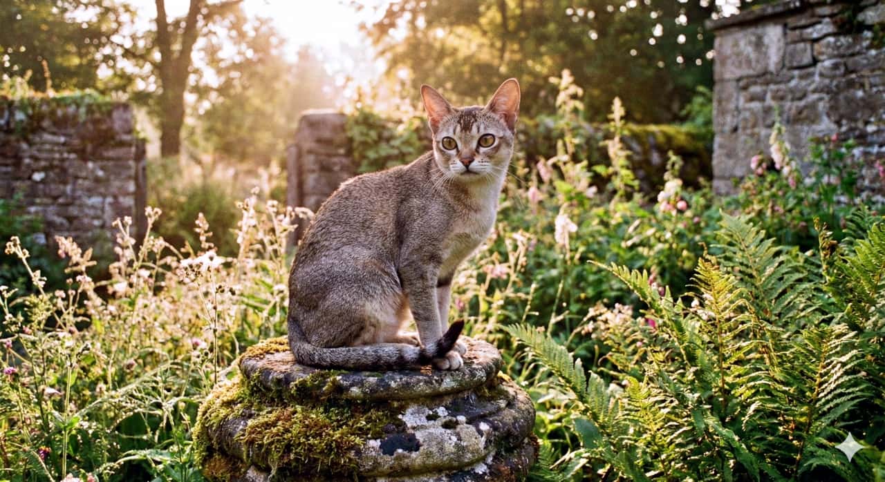 A realistic photo of a Singapura cat sitting attentively on a moss-covered stone pedestal in a lush garden. Soft morning light filters through the trees, illuminating the cat’s sleek coat and the surrounding greenery, creating a serene and timeless atmosphere. 緑豊かな庭の苔むした石台に静かに座るシンガプーラ猫のリアルな写真。朝の柔らかな光が木々の間から差し込み、猫の滑らかな毛並みと周囲の草花を優しく照らし、穏やかで趣のある雰囲気を醸し出している