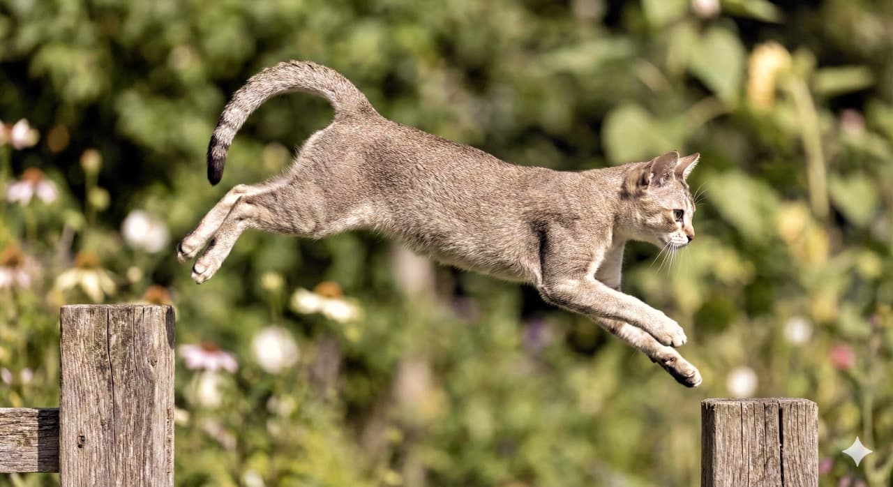 A realistic photo capturing a Singapura cat mid-leap between two wooden posts, its body fully extended in midair. The background is softly blurred with green foliage and flowers, emphasizing the cat’s athletic motion and graceful form. 木製の柱から柱へ跳躍する瞬間を捉えたシンガプーラ猫のリアルな写真。空中で体を大きく伸ばした姿が印象的で、背景の緑の葉や花は柔らかくぼかされ、猫の躍動感と優雅な動きが際立っている