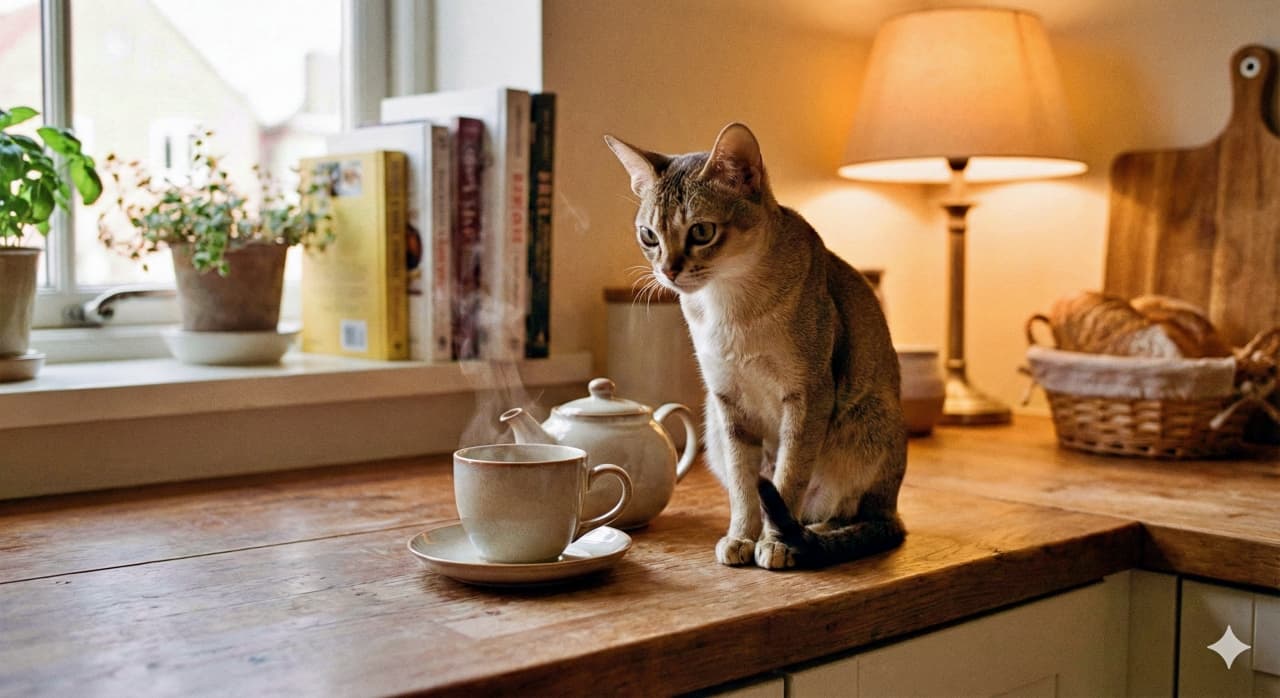 A Singapura cat sits calmly on a wooden kitchen counter beside a steaming teacup, surrounded by warm lighting, bread, books, and potted plants in a peaceful domestic setting. シンガプーラの猫が木製のキッチンカウンターに座り、湯気の立つティーカップのそばでくつろいでいる。パンや本、観葉植物に囲まれ、温かな照明が家庭的な雰囲気を演出している