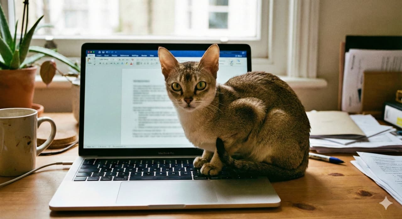 A Singapura cat with a sleek light brown coat sits calmly on the keyboard of an open laptop, gazing forward. The home office is softly lit by natural daylight, with papers, a mug, and a potted plant scattered across the wooden desk, creating a cozy indoor scene. 滑らかなライトブラウンの毛並みを持つシンガプーラ猫が、開いたノートパソコンのキーボードの上に静かに座り、前方を見つめている。木製のデスクには書類やマグカップ、観葉植物が並び、自然光に包まれた居心地の良い室内が広がっている