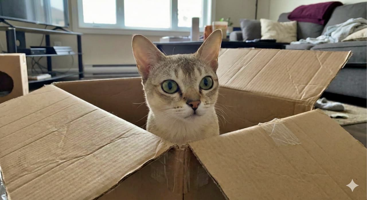 A Singapura cat with light brown and white fur and vivid green eyes peeks out from inside a large cardboard box, framed by open flaps. Natural daylight from a nearby window softly illuminates the cozy living room setting. ライトブラウンと白の毛並みを持つシンガプーラ猫が、大きな段ボール箱の中から顔を覗かせている。開いたフラップが猫の顔を縁取り、窓から差し込む自然光がリビングの温もりある空間を優しく照らしている