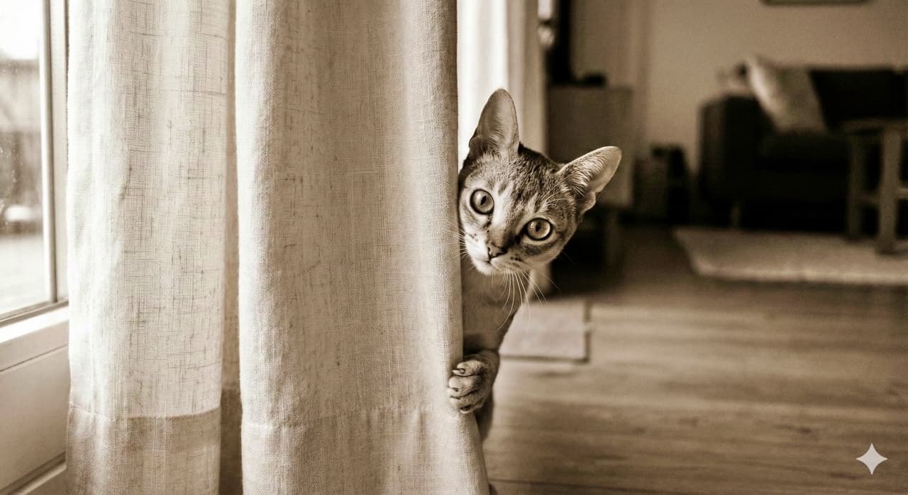 A Singapura cat with a light brown coat peeks out from behind a curtain, showing its head and one paw. Its wide eyes gaze directly at the camera in a sepia-toned room with wooden flooring, a couch, and soft natural light, evoking a warm vintage atmosphere. ライトブラウンの毛並みを持つシンガプーラ猫がカーテンの陰から顔と片方の前足を覗かせ、カメラをじっと見つめている。木製の床やソファ、自然光が差し込む室内がセピア調で描かれ、温かみのあるヴィンテージ感を醸し出している
