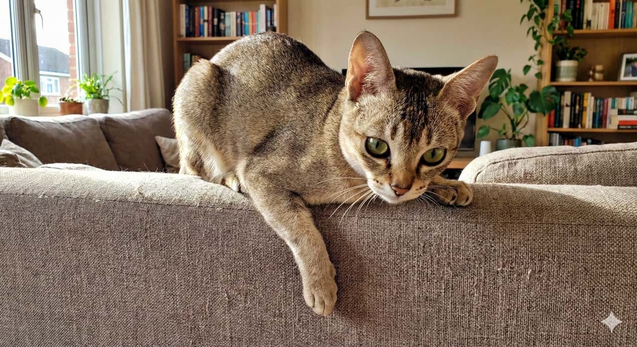 A Singapura cat perches playfully on the back of a beige sofa, gazing downward with curious green eyes. The cozy room features bookshelves, potted plants, and soft daylight from a nearby window. シンガプーラの猫がベージュのソファの背もたれに遊ぶように乗り、緑の瞳で下を見つめている。本棚や観葉植物、窓からの柔らかな自然光が、居心地の良い室内空間を演出している