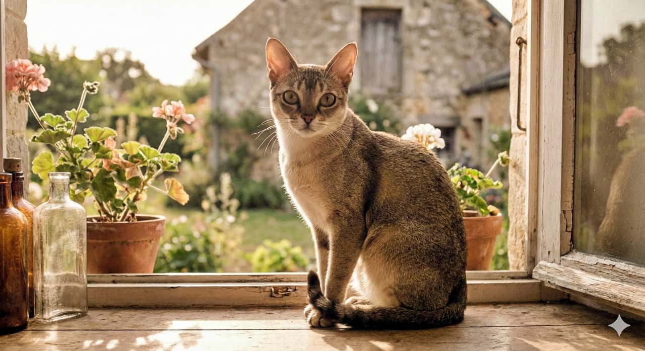 A realistic photo of a Singapura cat sitting gracefully on a sunlit wooden windowsill, with soft sunlight highlighting its ticked coat and expressive face, surrounded by blooming potted plants and glass bottles. 木製の窓辺に優雅に座るシンガプーラ猫のリアルな写真。柔らかな日差しがティックドタビーの毛並みと表情豊かな顔を照らし、周囲には花咲く鉢植えとガラス瓶が並ぶ