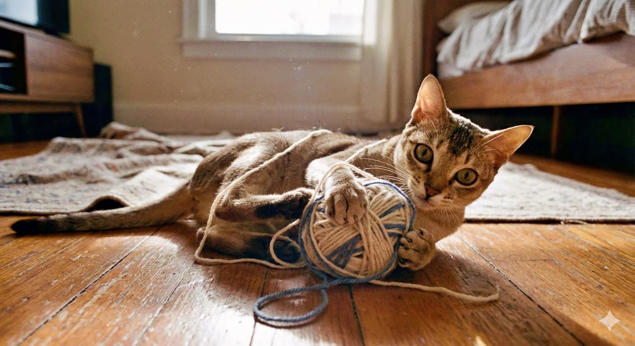 A Singapura cat lies on a wooden floor, clutching a cream-and-blue ball of yarn with its front paws. The cozy room is softly lit by natural light, creating a warm and playful atmosphere. シンガプーラの猫が木の床に寝そべり、前足でクリームと青の毛糸玉を抱えている。自然光が差し込む室内は、温もりと遊び心に満ちた雰囲気を醸し出している