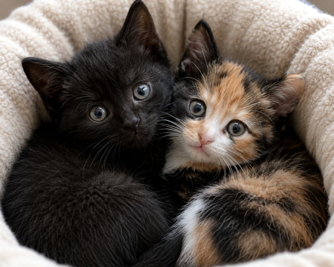 「仲良しコンビの可愛すぎるカメラ目線いただきましたっ！📸✨ ふわふわ×子猫の組み合わせは反則級の可愛さ🥺💖 #子猫 #保護猫」Ultra-realistic high-quality photograph of two kittens, one black and one calico, snuggling together in a fluffy cat bed and staring intently at the camera. ふわふわのキャットベッドの中で、身を寄せ合ってこちらをじっと見つめる黒猫と三毛猫の2匹の子猫の高画質写真