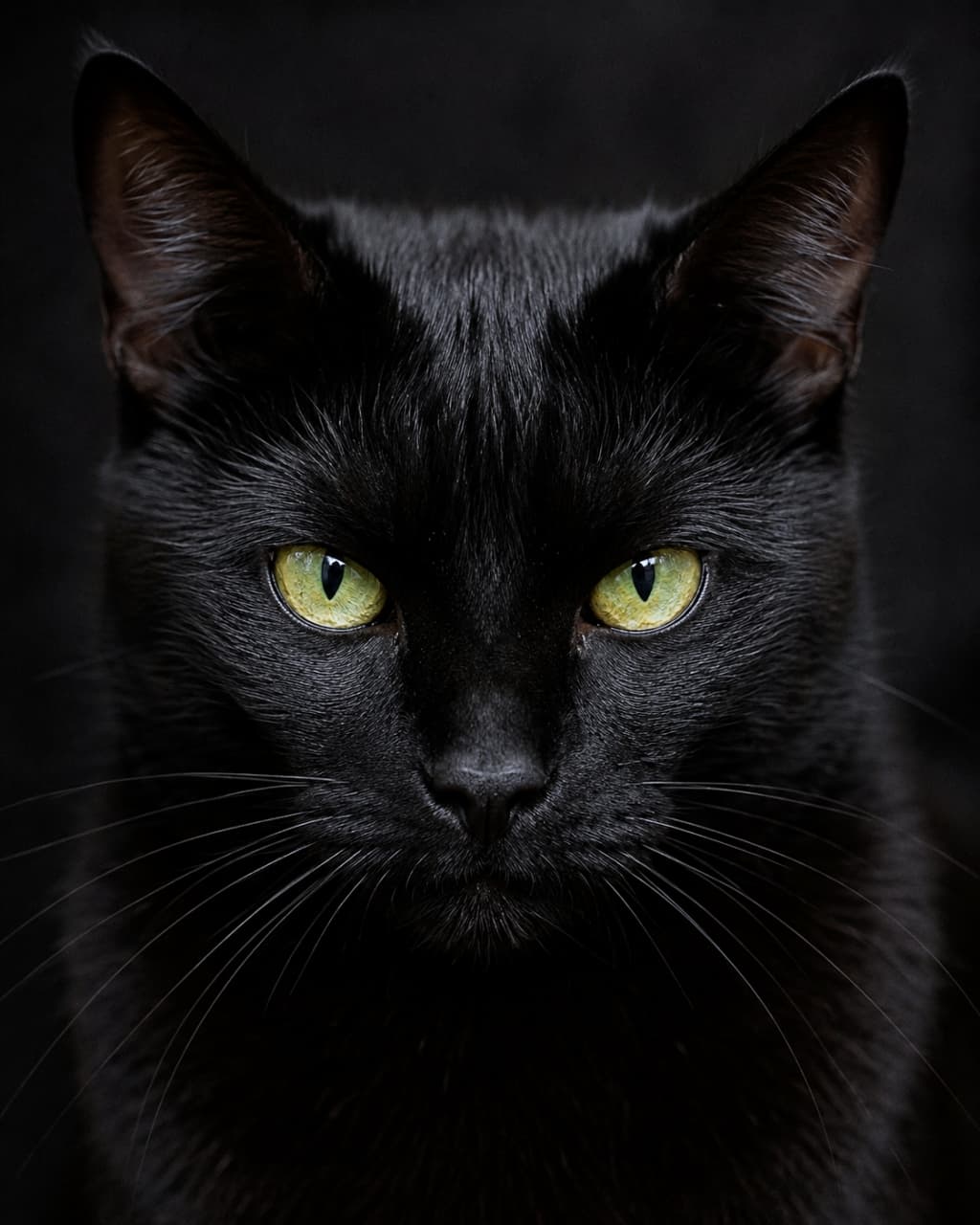 「吸い込まれそうなほど美しい瞳…✨ 暗闇に浮かぶ黒猫ちゃんの神秘的な魅力にドキッとしちゃいます🐈‍⬛🖤」Ultra-realistic high-quality photograph featuring a close-up portrait of a black cat with striking yellow-green eyes against a completely dark background. 真っ黒な背景の中に浮かび上がる、輝くような黄緑色の瞳を持った黒猫の顔の超高画質アップ写真。毛並みのディテールが鮮明