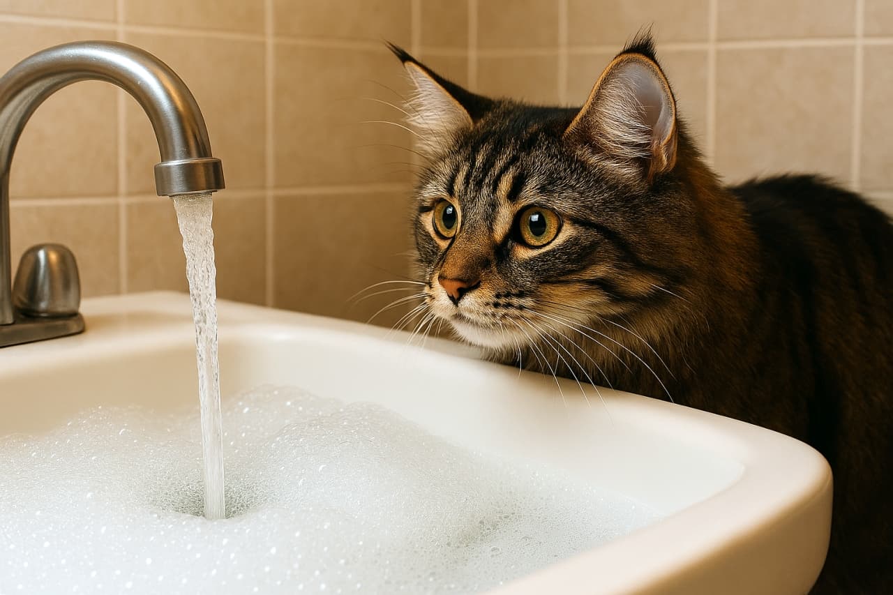 「お水、不思議だニャ🐾💦 泡いっぱいのシンクに興味津々なメインクーンちゃん。真剣な眼差しがたまらない🥺💖 #メインクーン #猫のいる暮らし」Ultra-realistic high-quality photograph of a fluffy brown tabby Maine Coon cat with distinct ear tufts, leaning over a white sink. The cat is curiously staring at the running water from a silver faucet into a thick bubble bath with large, round golden eyes, set against warm beige bathroom tiles. 豊かな飾り毛と特徴的な耳先の毛(リンクスティップ)を持つブラウンタビーのメインクーンが、白い洗面台に身を乗り出し、銀色の蛇口から流れ出る水とたっぷりの泡を、真ん丸な黄金色の瞳で不思議そうに見つめている、暖かな光に包まれた高画質な写真