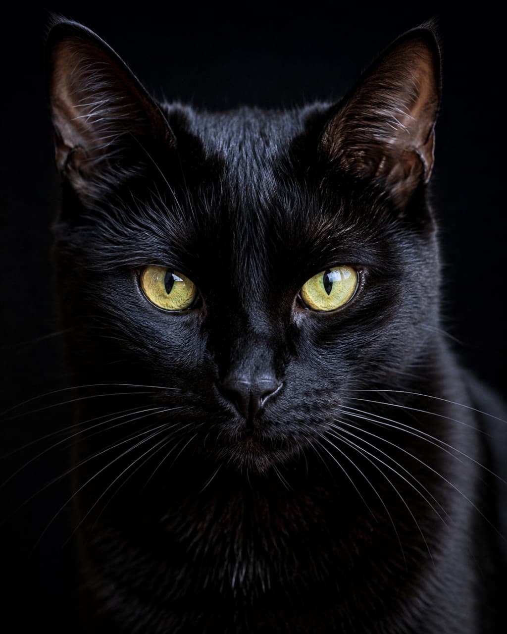 「クールでミステリアスな視線から目が離せない！🐈‍⬛✨ 凛とした佇まいが本当に美しいですよね💕」Ultra-realistic high-quality photograph of an elegant black cat looking straight ahead with piercing yellow eyes against a dark background. ダークな背景に対し、正面をじっと見据える黒猫のポートレート。美しい毛並みと鋭い黄色の瞳が印象的な高画質写真