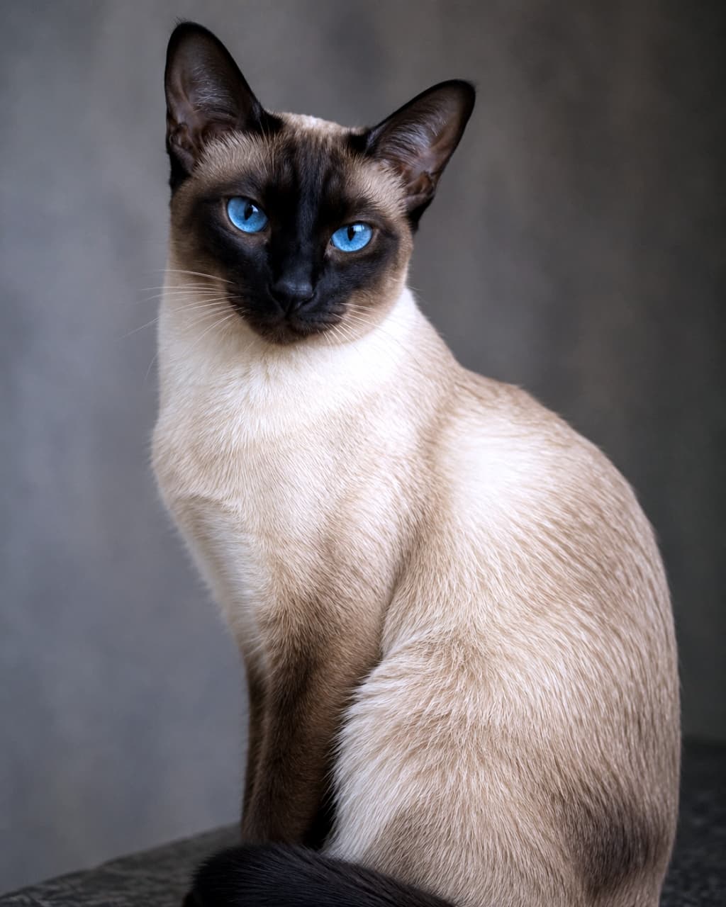 「まるで宝石のような青い瞳✨ 思わず吸い込まれそうな美しさです🐈‍⬛💙」Ultra-realistic high-quality portrait photograph of an elegant Siamese cat with striking sapphire blue eyes against a dark grey background. ダークグレーの背景の前に座る、サファイアブルーの瞳が美しいシャム猫の高画質ポートレート写真。高貴で優雅な雰囲気が漂っています