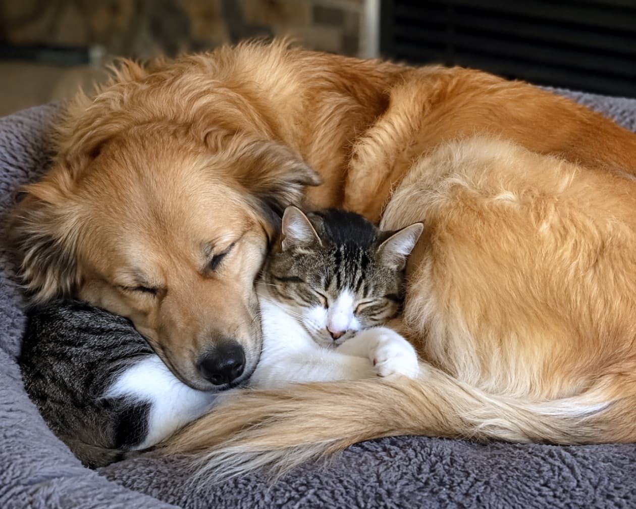 「最高の仲良しコンビ！🐕🐈くっついて寝てる姿が尊すぎます…😭💖」Ultra-realistic high-quality photograph of a golden retriever dog and a tabby-and-white cat sleeping peacefully together in a pet bed. 丸いペットベッドの中で、ゴールデンレトリバーのような大型犬とキジ白の猫が寄り添って眠っている高画質写真。温かい絆を感じさせる一枚です