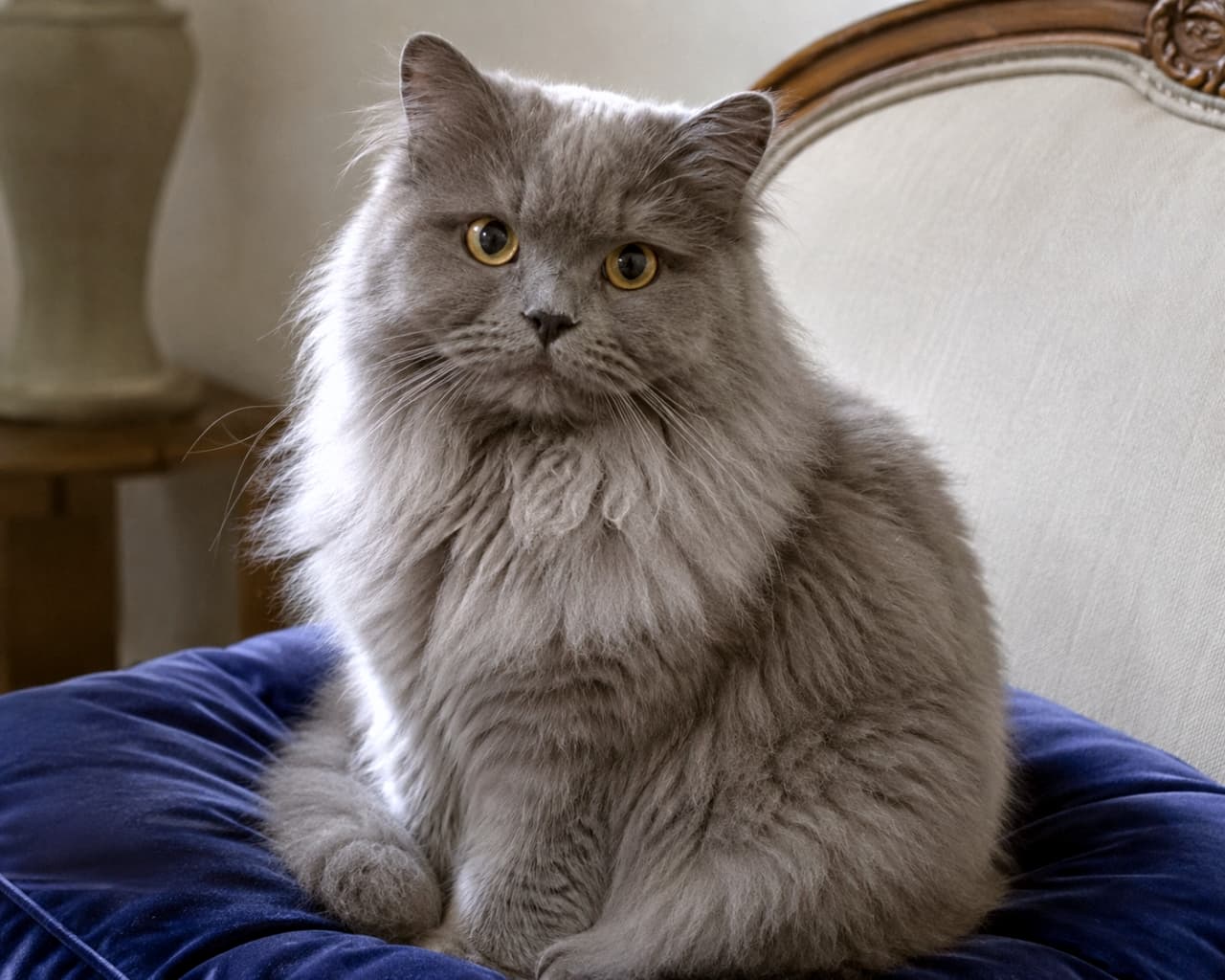 「ふかふかのクッションが定位置にゃん🛋️🐾 優しいお顔で見つめられると、一日の疲れも吹き飛びますね😊✨」Ultra-realistic high-quality photograph of a fluffy grey cat relaxing on a deep blue cushion placed on a classic sofa, looking gently at the viewer. クラシックなソファの上にある深いブルーのクッションにちょこんと座り、穏やかな表情でこちらを見つめるグレーの長毛猫の高画質写真