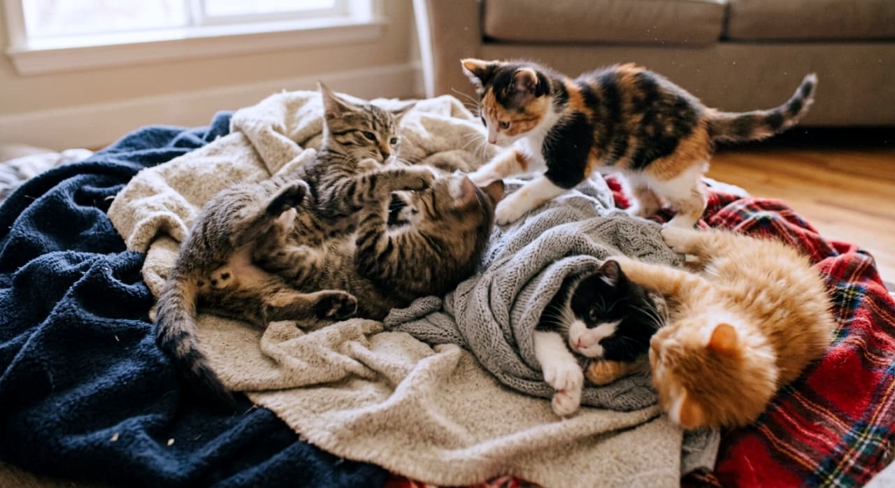 「ブランケットのお山で大はしゃぎ！⛰️🐈 猫パンチ炸裂で、今日も元気いっぱいに遊んでます✨ #子猫 #にゃんすたぐらむ #保護猫」Ultra-realistic high-quality photograph of energetic kittens playfully fighting and hiding among a pile of soft, colorful blankets on the living room floor. リビングの床に置かれた様々な色のブランケットの上で、じゃれ合ったり潜り込んだりして遊ぶ子猫たち。躍動感のある動きと、柔らかな布の質感が温かみを添えている