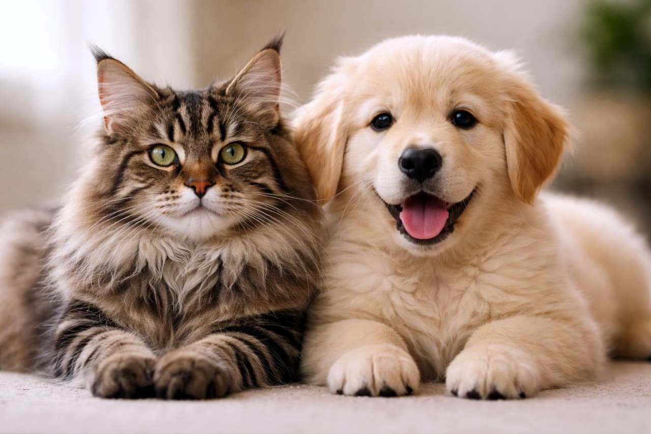 「種族を超えた絆！🐶🐈猫ちゃんとワンちゃんが並んだ奇跡の仲良しツーショットにキュン死確定💘」Ultra-realistic high-quality photograph of a majestic Maine Coon cat and a happy Golden Retriever puppy lying side by side on a carpet indoors, showcasing their adorable friendship. 室内で仲良く並んでカーペットの上に伏せている、キリッとした表情のメインクーンと、笑顔のゴールデンレトリバーの子犬の超高画質写真