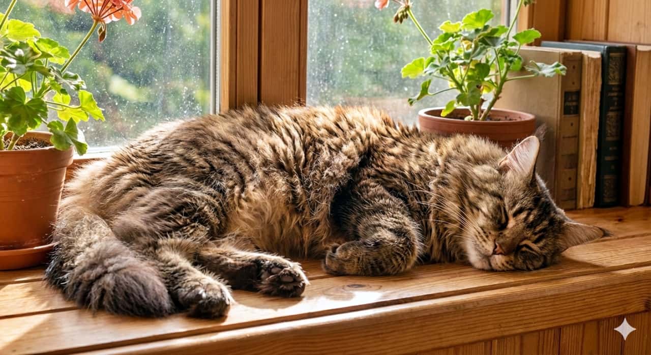 A large Maine Coon cat peacefully naps on a sunlit wooden windowsill, surrounded by geraniums and books, captured in photorealistic high resolution. 大きなメインクーン猫が木製の窓辺で静かに昼寝をしており、ゼラニウムの鉢植えと本に囲まれた様子がフォトリアルで高精細に描写されている