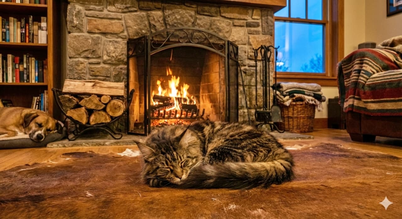 A photorealistic Maine Coon cat lies peacefully on a rug near a crackling fireplace in the evening, with warm light illuminating the cozy room filled with books, blankets, and a sleeping dog, evoking a serene winter atmosphere. フォトリアルなメインクーンが、夕暮れの暖炉のそばのラグの上で穏やかに横たわっている。暖かな光が本や毛布、眠る犬に包まれた部屋を照らし、静かな冬の空気感を描いている