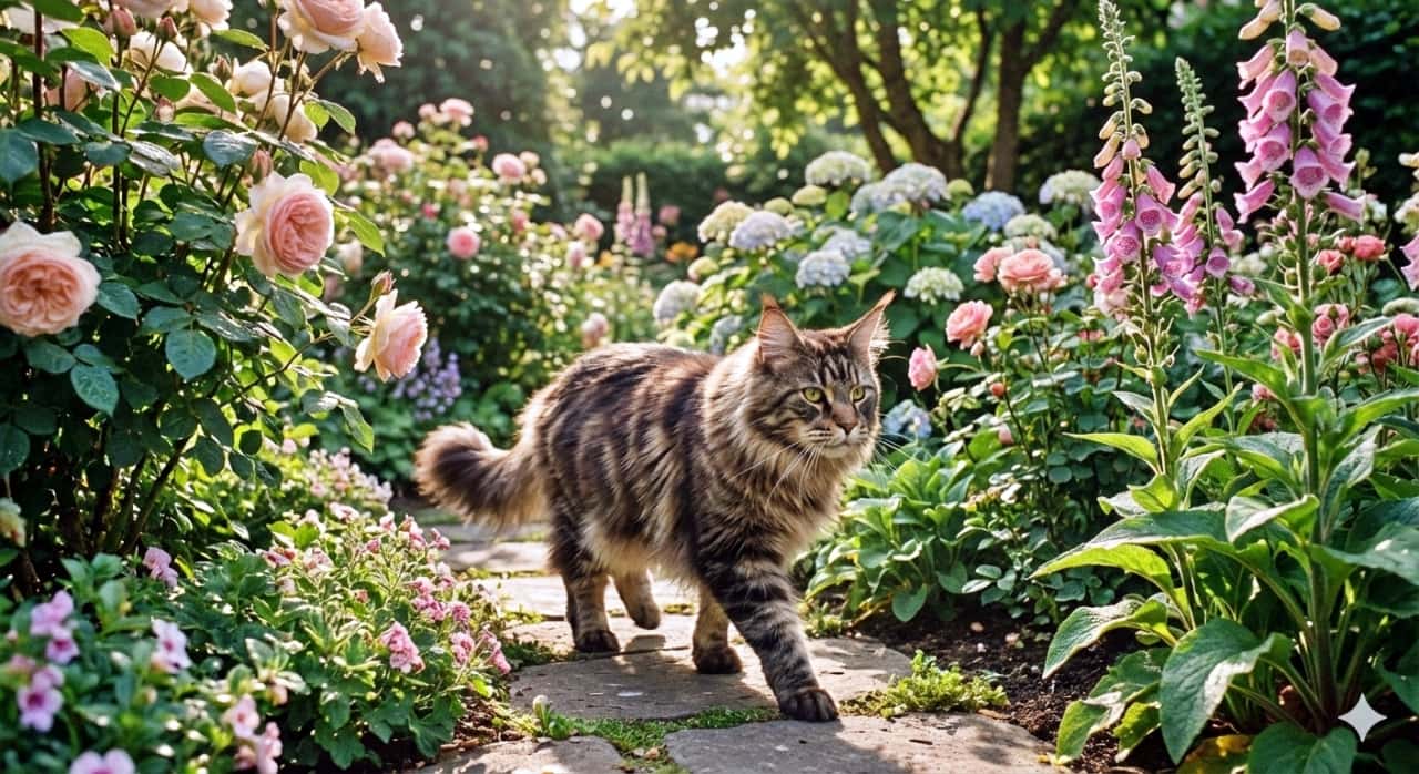 A Maine Coon cat walks gracefully along a stone path through a blooming garden filled with roses, foxgloves, and hydrangeas, captured in photorealistic high resolution. メインクーン猫がバラやジギタリス、アジサイが咲き誇る庭の石畳を優雅に歩く様子が、フォトリアルかつ高精細に描写されている