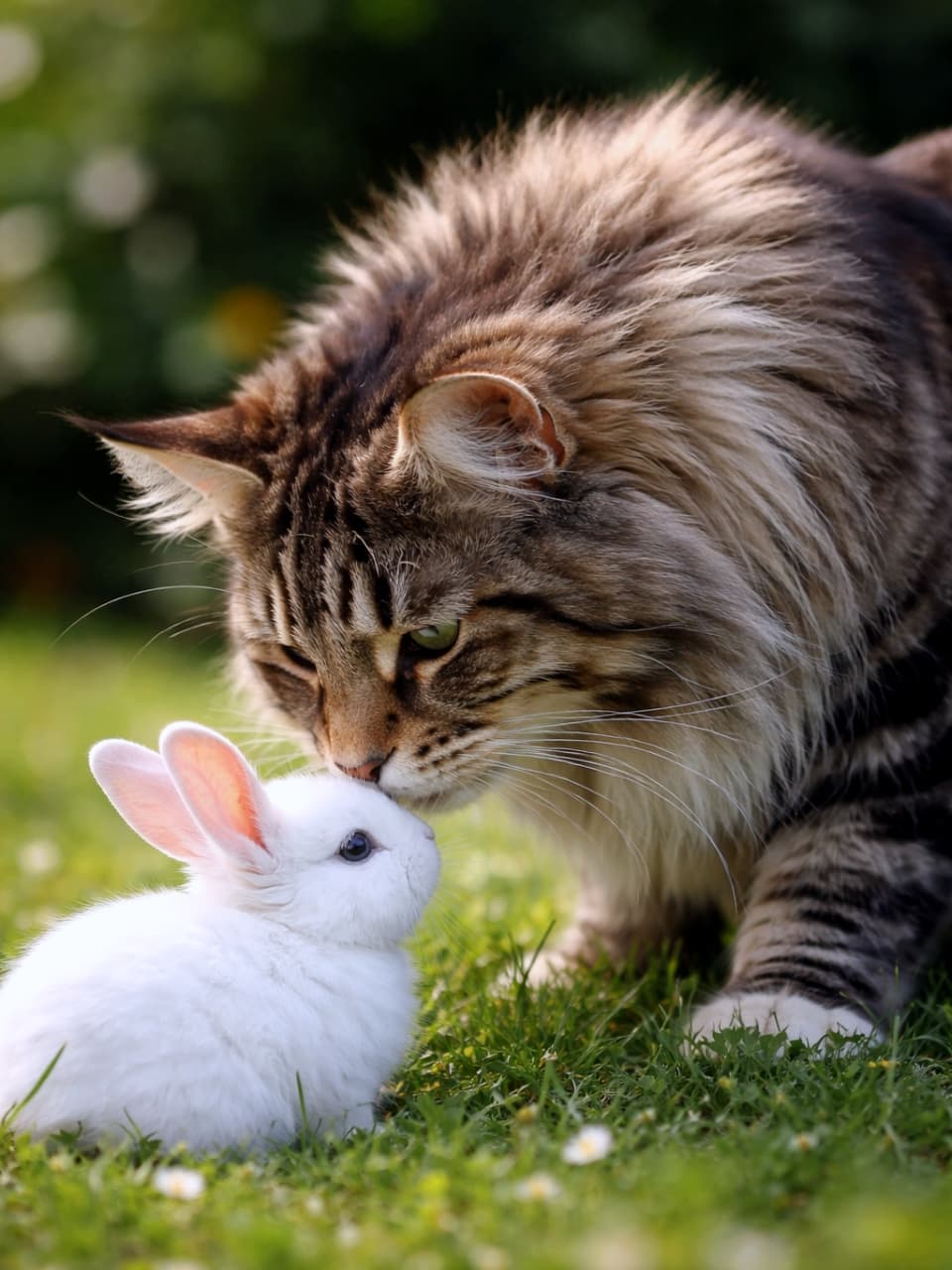 「はじめましてのご挨拶🐰🐈種族の違う小さなフレンズとの優しい触れ合いに心が浄化されますね🍀💕」Ultra-realistic high-quality photograph of a large, gentle Maine Coon cat softly sniffing and greeting a tiny white baby rabbit on green grass. 緑の芝生の上で、小さな白い子ウサギに優しく鼻を近づけて挨拶をしている大きなメインクーンの超高画質写真