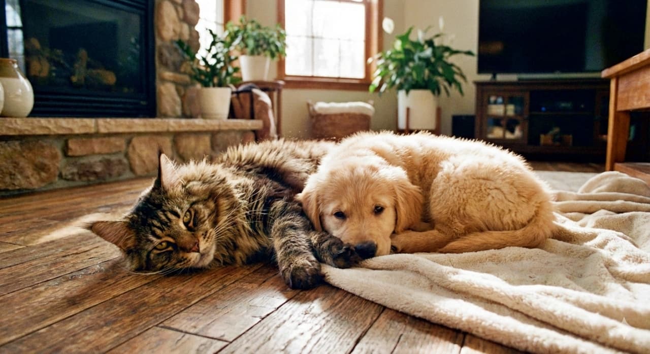 A Maine Coon cat lies side by side with a fluffy golden retriever puppy on a soft blanket in a cozy living room, captured in photorealistic high resolution. メインクーン猫がふわふわのゴールデンレトリバーの子犬と柔らかな毛布の上で並んで横たわり、居心地の良いリビングでフォトリアルかつ高精細に描写されている