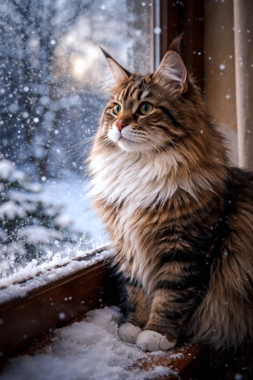 「雪降る窓辺で何を想うの？❄️冬の静けさとモフモフのメインクーンちゃんのコントラストがエモい🥺✨」Ultra-realistic high-quality photograph of a beautiful Maine Coon cat sitting by a window, gazing out at the softly falling snow, with snow gathered on the wooden window sill. 雪が舞い降る冬の窓辺に座り、ガラス越しに外の景色をじっと見つめているメインクーンの超高画質写真。木製の窓枠にはうっすらと雪が積もっている