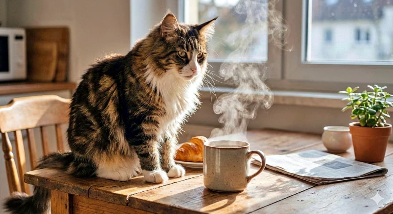 A photorealistic Maine Coon cat sits peacefully beside a steaming mug of coffee on a sunlit breakfast table, surrounded by a croissant, newspaper, and potted plant, evoking a warm and tranquil morning atmosphere. フォトリアルなメインクーンが、湯気の立つコーヒーマグの隣で朝のテーブルに穏やかに座っている。クロワッサン、新聞、観葉植物に囲まれ、陽だまりの中で心安らぐ朝のひとときを描いている