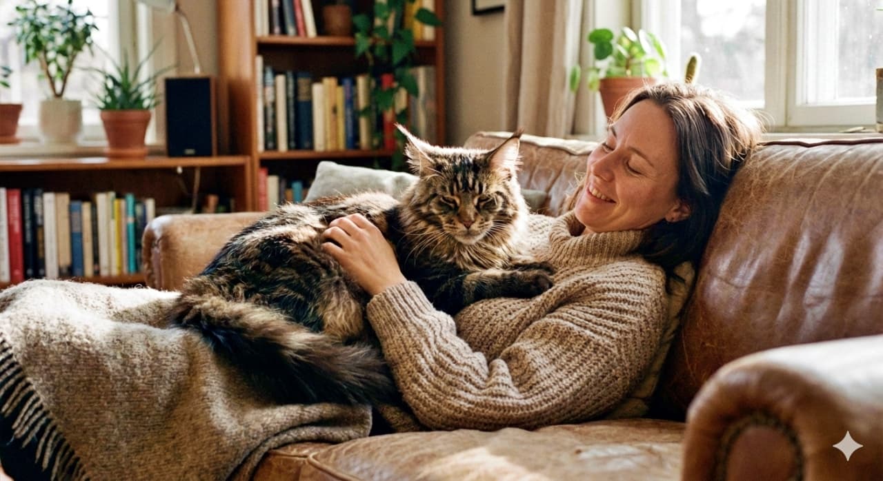 A Maine Coon cat snuggles closely with its owner on a brown leather couch, surrounded by books and plants, captured in photorealistic high resolution with warm natural light. メインクーン猫が茶色の革張りソファで飼い主に寄り添い、植物や本に囲まれた空間が暖かな自然光の中でフォトリアルかつ高精細に描写されている