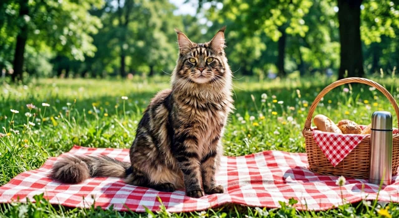 A photorealistic Maine Coon cat sits proudly on a red-and-white picnic blanket in a sunny park, surrounded by wildflowers, a wicker basket filled with bread rolls, and a stainless steel thermos, capturing a peaceful moment of outdoor leisure. フォトリアルなメインクーンが晴れた公園の赤と白のピクニックブランケットの上に誇らしげに座っている。周囲には野の花が咲き、パンの詰まった籐のバスケットとステンレス製のポットが並び、穏やかなアウトドアのひとときを描いている