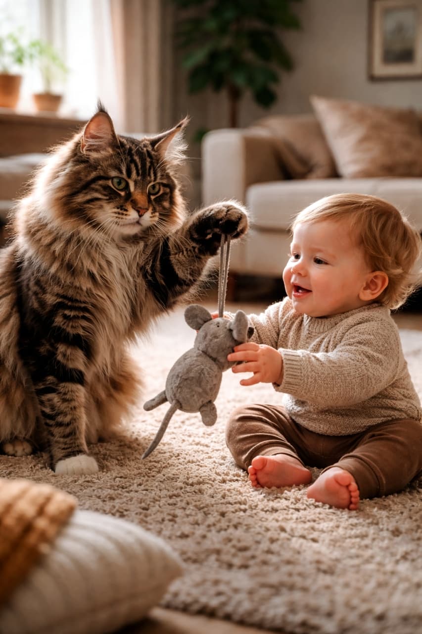 「赤ちゃんと猫ちゃんの優しい世界に癒される〜💕一緒におもちゃで遊ぶ姿がたまらないですね🐈✨」Ultra-realistic high-quality photograph of a fluffy Maine Coon cat playfully reaching for a stuffed toy mouse held by a smiling human baby in a warm, cozy living room. ネズミのぬいぐるみのおもちゃを手にした人間の赤ちゃんと、前足でおもちゃに優しく触れようとしているフサフサな毛並みのメインクーンの超高画質写真。背景には暖かく居心地の良いリビングルームが広がっている