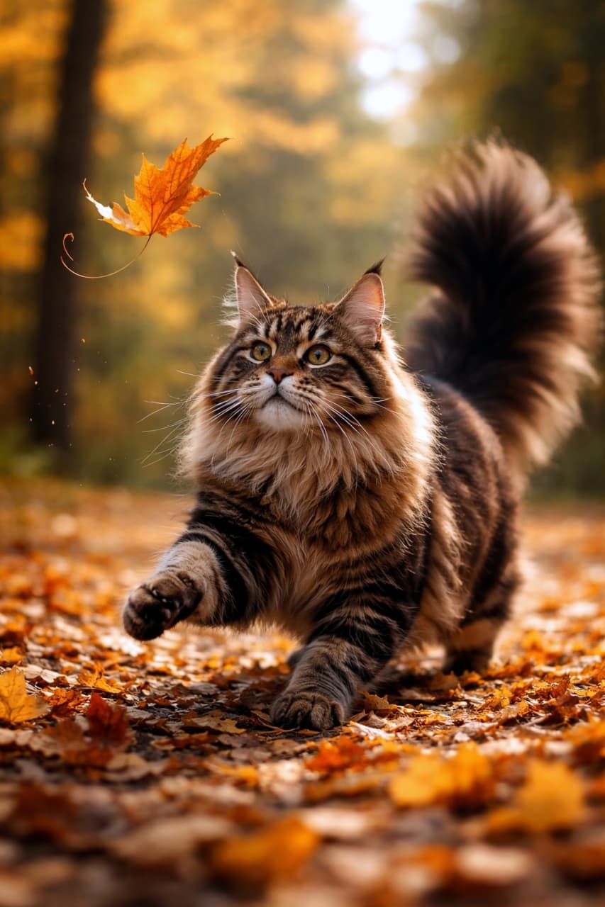 「落ち葉、みーっけ！🍁秋の森で無邪気に遊ぶモフモフのハンターから目が離せません😆🐾」Ultra-realistic high-quality photograph of a playful Maine Coon cat reaching out to catch a falling orange leaf in a beautiful autumn forest. オレンジ色に色づいた秋の森で、ひらひらと舞い落ちる一枚の紅葉した葉っぱに向かって、前足を出して無邪気に遊んでいるメインクーンの超高画質写真