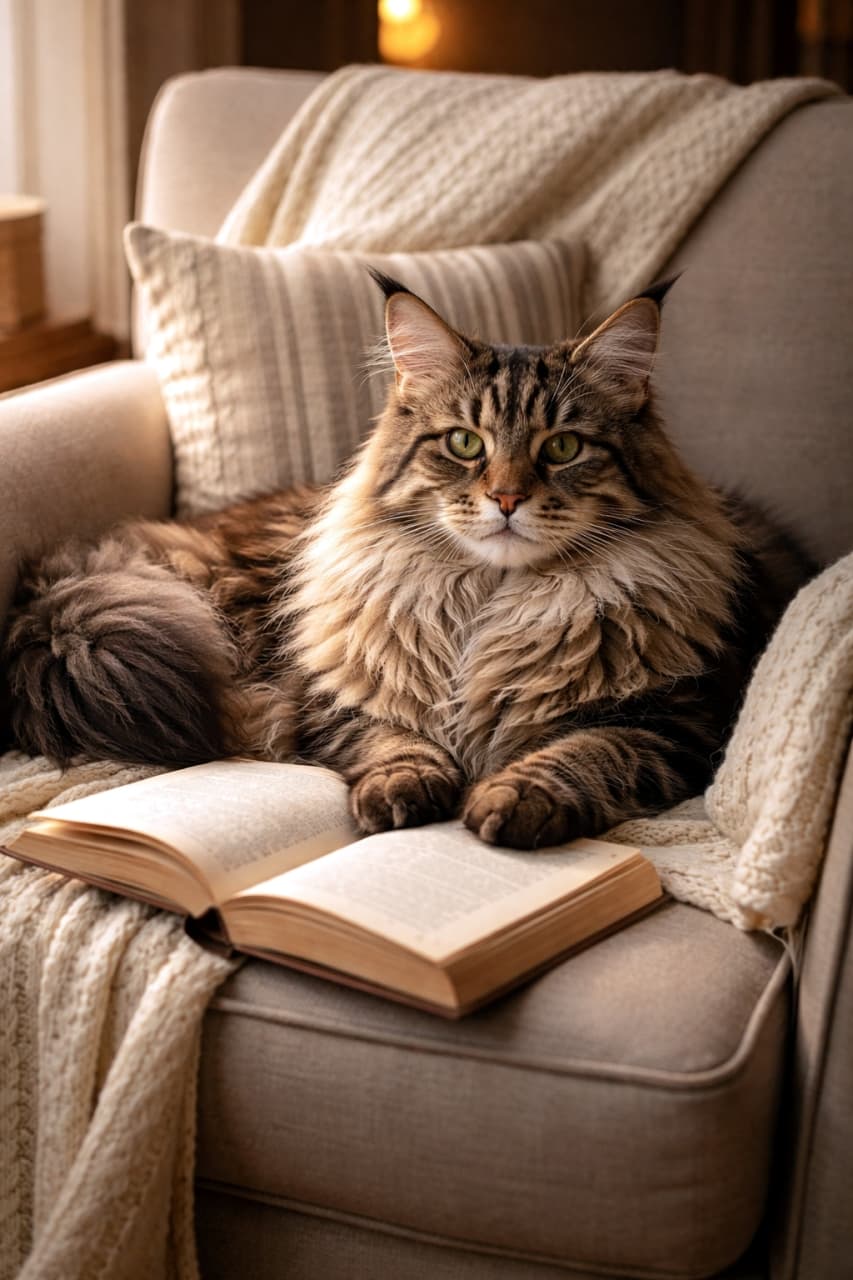 「読書の秋のお供にいかが？📖ふかふかのソファでまったりくつろぐ姿に一緒にゴロゴロしたくなりますね🛋️💤」Ultra-realistic high-quality photograph of a magnificent Maine Coon cat relaxing comfortably on a beige armchair next to an open vintage book, bathed in soft sunlight. 柔らかい日差しが差し込む部屋で、ベージュの快適なアームチェアでくつろぐメインクーンの超高画質写真。前足の前には開かれた古い本が置かれている