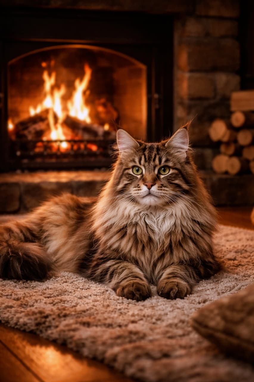 「暖炉の前でぽかぽかリラックス中のメインクーンちゃん🐈🔥 冬の夜の癒し効果バツグンです🍷✨」Ultra-realistic high-quality photograph of a beautiful Maine Coon cat with fluffy fur relaxing on a plush rug in front of a warm, glowing fireplace. 暖炉の赤々と燃える炎を背景に、ふかふかのラグの上に伏せてくつろぐ、ふさふさの毛並みを持つ美しいメインクーンの高品質な写真