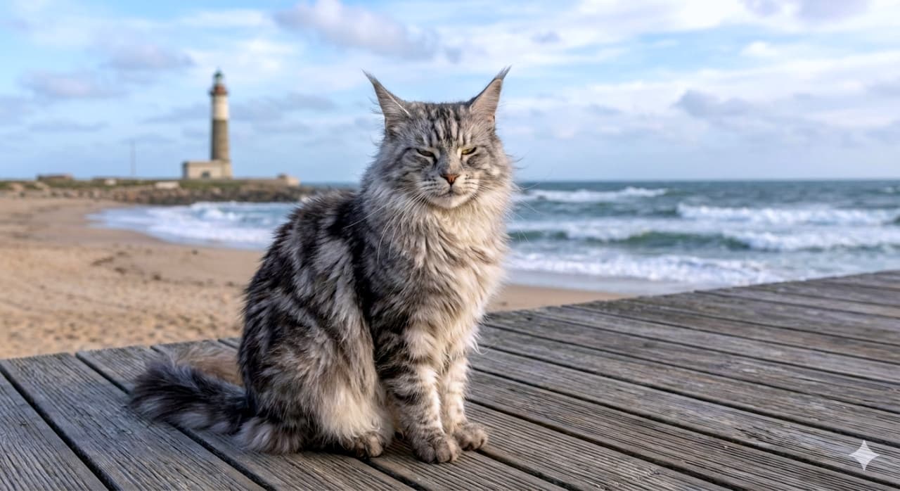 A photorealistic Maine Coon cat sits calmly on a seaside boardwalk, gazing toward the waves as the breeze ruffles its long fur. A lighthouse stands in the distance under a partly cloudy sky, completing the tranquil coastal scene. フォトリアルなメインクーンが海辺のボードウォークに穏やかに座り、風に毛をなびかせながら波を見つめている。遠くには灯台が立ち、雲が浮かぶ空の下、静かな海辺の情景が広がっている