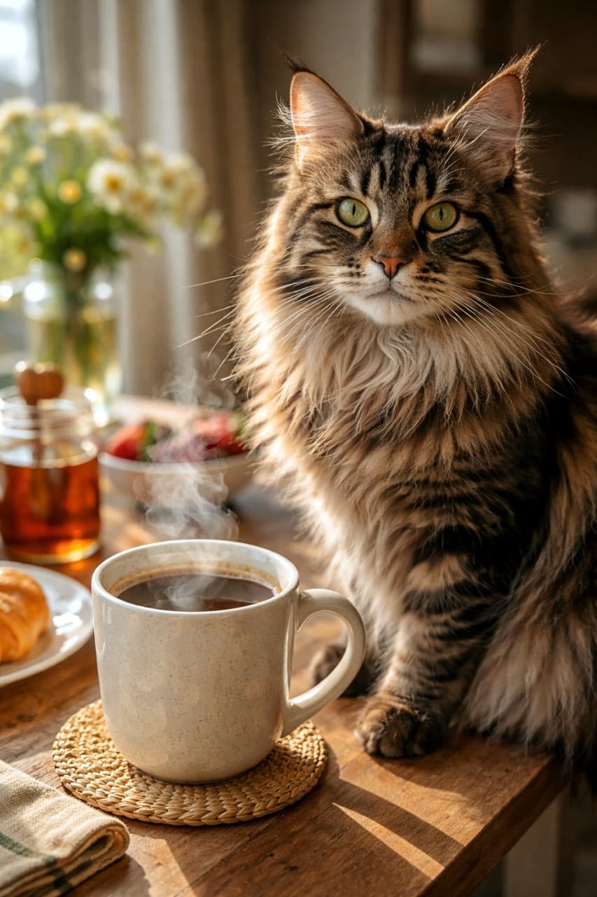 「おはようニャ☀️朝のコーヒータイムにこんな可愛いお供がいたら、一日中頑張れちゃいますね☕️🐈✨」Ultra-realistic high-quality photograph of a majestic Maine Coon cat sitting on a breakfast table next to a steaming mug of coffee, bathed in warm morning sunlight, with croissants, honey, and flowers in the background. 暖かい朝日が差し込むテーブルの上に座り、湯気の立つマグカップの隣でカメラを見つめるメインクーンの超高画質写真。奥にはクロワッサンや蜂蜜、デイジーの花が飾られている