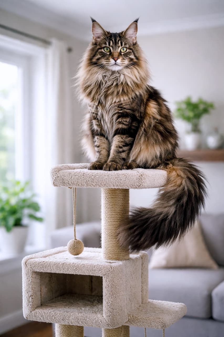 「キャットタワーの頂上からお部屋を見下ろす王者の風格👑✨モフモフの胸毛がたまりませんね！🛋️」Ultra-realistic high-quality photograph of a majestic Maine Coon cat sitting proudly on the top tier of a beige cat tree in a bright living room, showcasing its magnificent ruff and tail. 明るいリビングルームで、ベージュのキャットタワーの最上段に堂々と座っているメインクーンの超高画質写真。立派な胸毛としっぽが強調されている