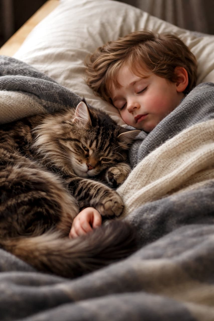 「夢の中へいってらっしゃい💤男の子とピトッとくっついて眠る姿は天使そのものです👼💕」Ultra-realistic high-quality photograph of a fluffy Maine Coon cat sleeping peacefully, snuggled up next to a sleeping little boy under cozy knitted blankets in bed. 暖かいベッドの中で、ニットのブランケットに包まれながらすやすやと眠る男の子の腕の中に寄り添い、一緒に目を閉じて眠っているメインクーンの超高画質写真