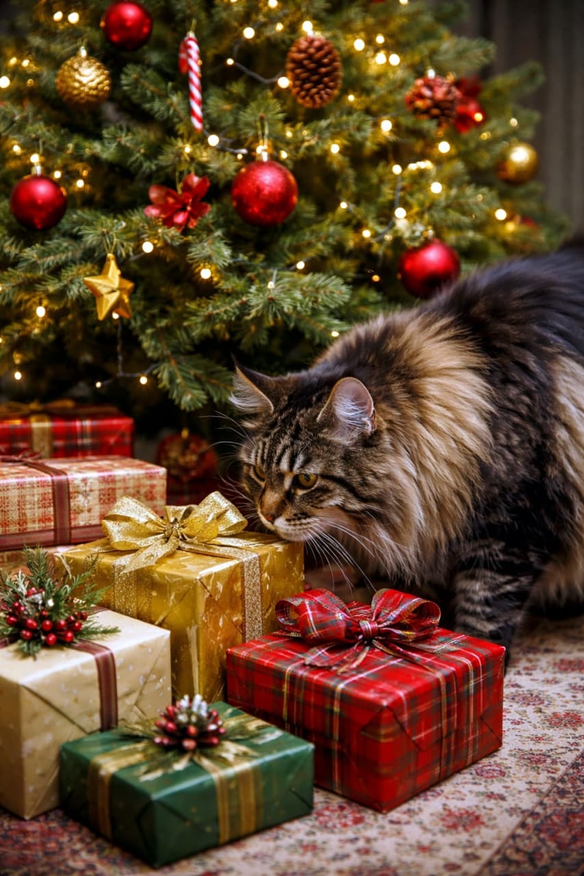 「「僕へのプレゼントはどれニャ？」🎁クリスマスツリーの下で探検中の姿が可愛すぎます🎄✨」Ultra-realistic high-quality photograph of a curious Maine Coon cat sniffing beautifully wrapped gift boxes under a glowing, fully decorated Christmas tree. 美しいオーナメントとイルミネーションで飾られたクリスマスツリーの下で、リボンがかけられた色とりどりのプレゼントボックスの匂いを嗅いでいるメインクーンの超高画質写真