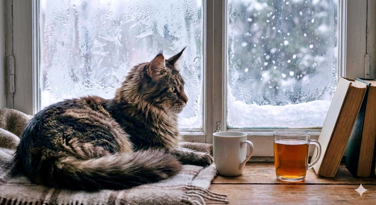 A Maine Coon cat watches falling snow through a frosty window, sitting beside books and warm drinks in a cozy indoor setting, captured in photorealistic high resolution. メインクーン猫が凍った窓越しに降る雪を眺めており、本と温かい飲み物が並ぶ室内の居心地の良い空間が、フォトリアルかつ高精細に描写されている