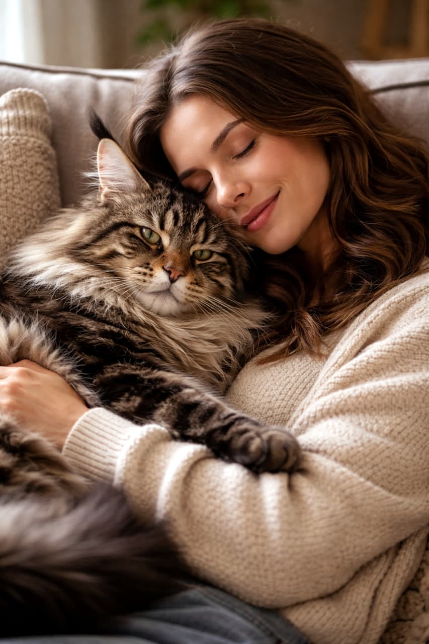 「大好きな飼い主さんに抱っこされて至福の表情🥰見ているだけで心温まる最高のリラックスタイムですね☕️🐈」Ultra-realistic high-quality photograph of a large, fluffy Maine Coon cat snuggling warmly in the arms of a smiling female owner on a cozy couch. 居心地の良いソファの上で、目を閉じて微笑む女性の腕の中に抱かれ、リラックスした表情で寄り添う大きなメインクーンの超高画質写真