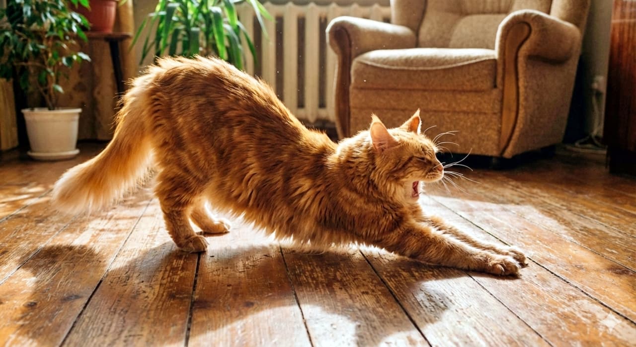 A Maine Coon cat stretches luxuriously in a warm sunbeam on a wooden floor, captured in photorealistic high resolution. メインクーン猫が木製の床で暖かな日差しを浴びながら贅沢に伸びをする様子が、フォトリアルかつ高精細に描写されている