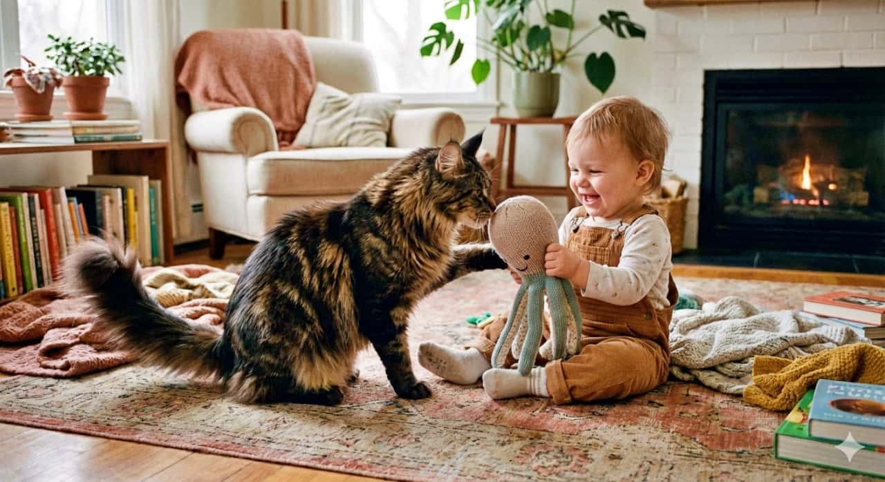A Maine Coon cat gently plays with a curious toddler holding a soft toy in a cozy, sunlit living room, captured in photorealistic high resolution. メインクーン猫が柔らかなぬいぐるみを持つ好奇心旺盛な幼児と暖かな日差しの差し込む居心地の良いリビングで優しく遊ぶ様子が、フォトリアルかつ高精細に描写されている
