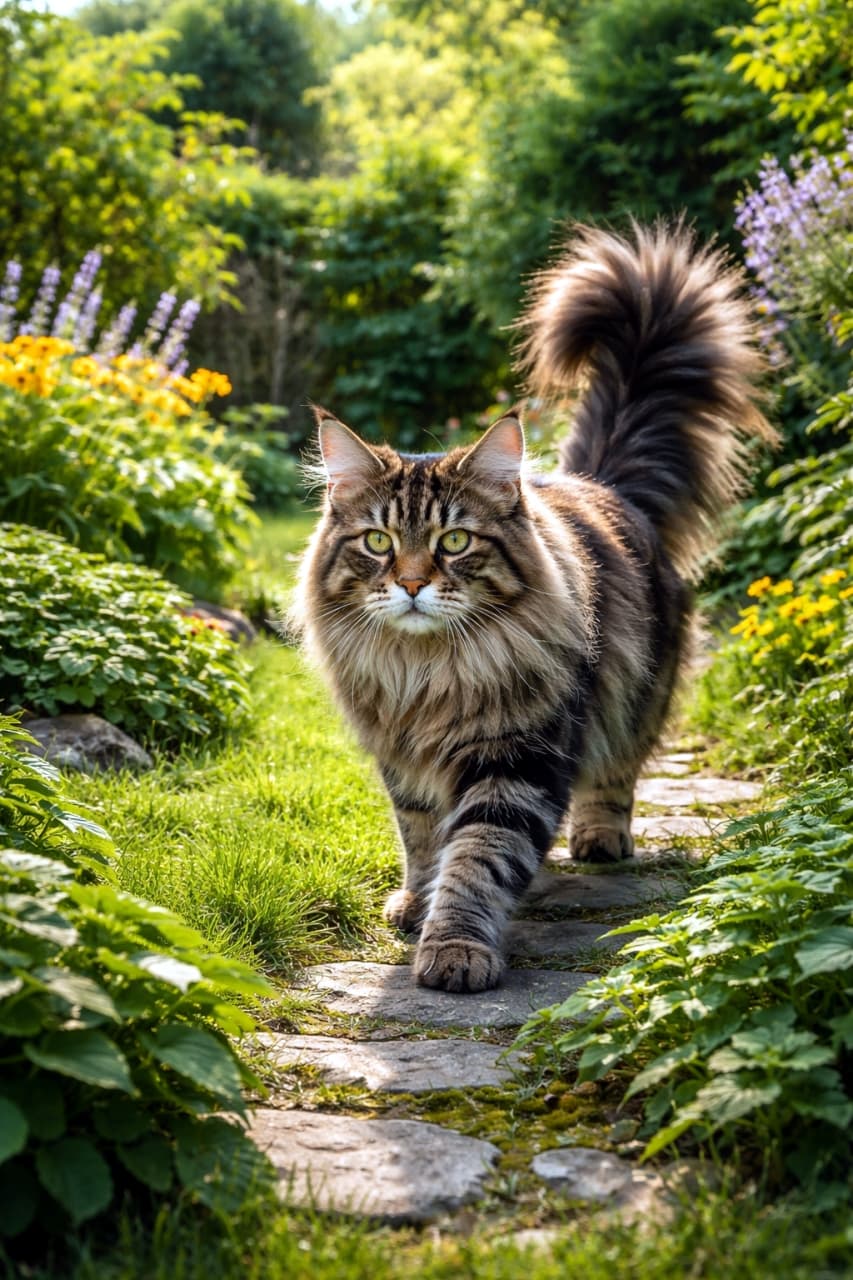 「お庭のパトロールに出発！🐾ピンと立ったフサフサのしっぽがご機嫌な証拠ですね🌿✨」Ultra-realistic high-quality photograph of a majestic Maine Coon cat walking proudly with its fluffy tail held high on a stone path in a lush green garden, with yellow and purple flowers in the background. 新緑が美しい庭の石畳の小道を、ふさふさのしっぽを高く上げて堂々と歩くメインクーンの超高画質写真。背景には黄色や紫の花が咲き誇っている