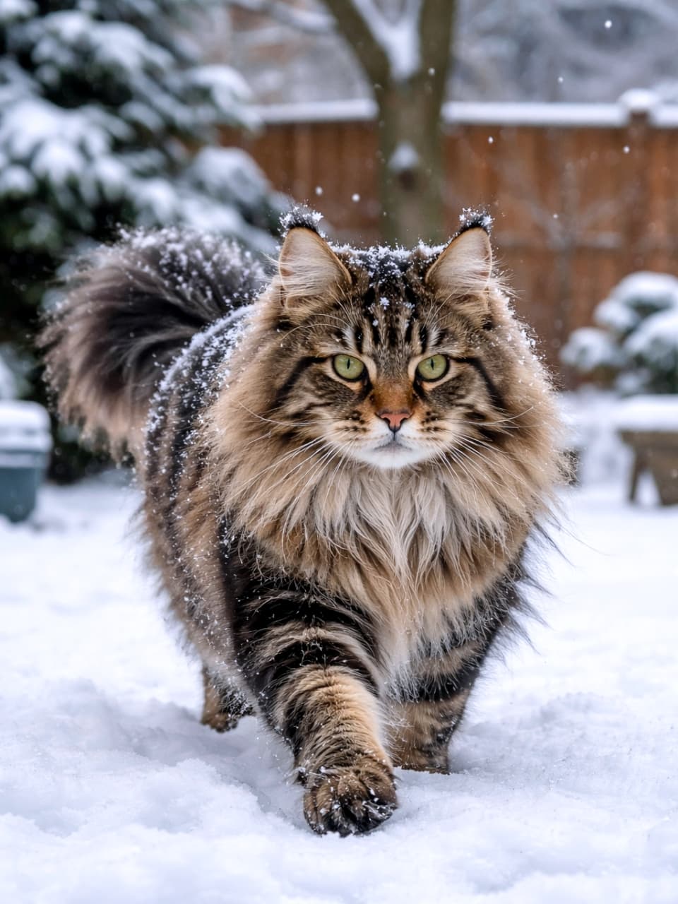 「雪中行軍もへっちゃら！❄️頭にちょこんと乗った雪と、野生味あふれる力強い眼差しがかっこいい🐈💨」Ultra-realistic high-quality photograph of a magnificent Maine Coon cat walking powerfully through deep snow, with snowflakes dusted on its head and fur, set against a wintery background. 一面の雪景色の中、頭や体に雪を乗せながらカメラに向かって力強く歩いてくるメインクーンの超高画質写真。背景には雪を被った木々やフェンスが見える