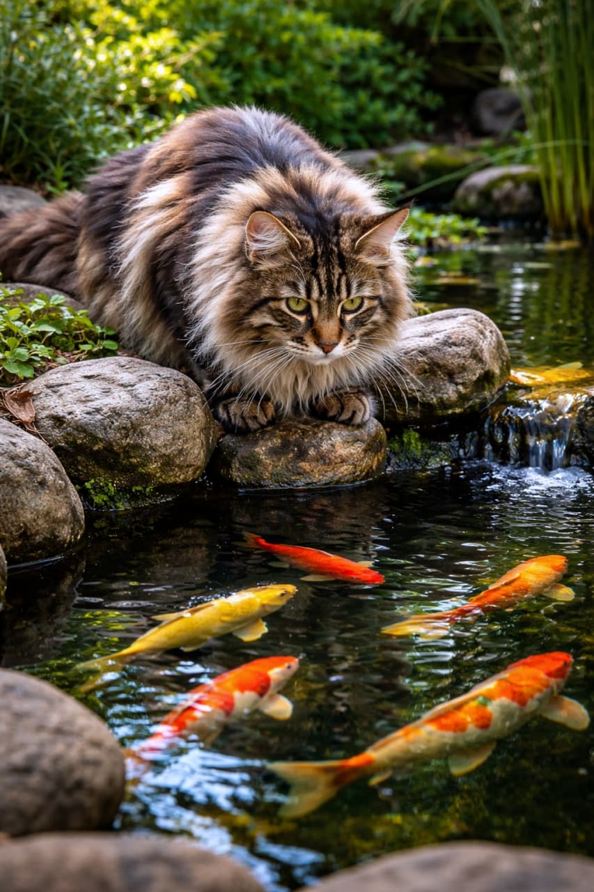 「「美味しそう…じゃなくて綺麗ニャ」🐟✨錦鯉に釘付けになっちゃう好奇心旺盛な姿が可愛いですね🤭」Ultra-realistic high-quality photograph of a curious Maine Coon cat leaning over rocks by a garden pond, intently watching colorful Koi fish swimming in the water. 緑豊かな日本庭園の池のほとりで、岩場から身を乗り出し、水面を泳ぐ色鮮やかな錦鯉を真剣な眼差しで観察しているメインクーンの超高画質写真
