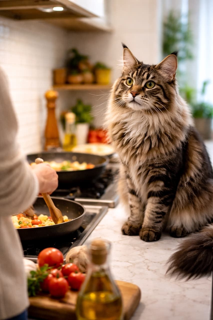 「「今日のご飯はニャンだろう？」🍳お料理を真剣に見守る姿が愛おしいキッチンの一コマです🍅✨」Ultra-realistic high-quality photograph of a majestic Maine Coon cat politely watching a person cook in a bright kitchen, with out-of-focus tomatoes and olive oil in the foreground. 明るいキッチンで、フライパンで料理をしている人物をカウンターの上から行儀よく見つめているメインクーンの超高画質写真。手前にはトマトやオリーブオイルがボケて写っている
