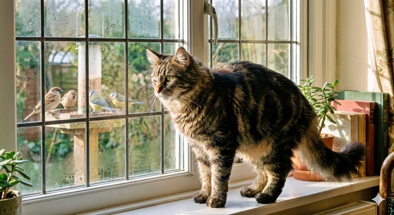 A photorealistic Maine Coon cat stands alert on a sunlit windowsill, intently watching birds feeding outside. The cozy interior features potted plants and books, while the birds perch on a feeder beyond the glass, creating a vivid moment of curiosity and natural tension. フォトリアルなメインクーンが陽の差す窓辺に立ち、外の餌台で食事する鳥たちを鋭く見つめている。室内には観葉植物や本が並び、窓越しに広がる自然との緊張感ある一瞬が描かれている