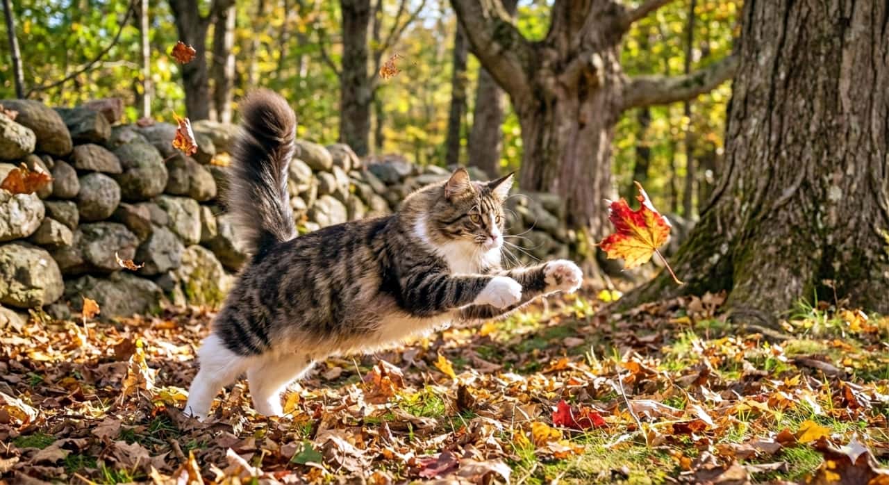 A photorealistic Maine Coon cat with fluffy tabby fur and white paws leaps through an autumn forest, playfully chasing a swirling red maple leaf. The ground is covered in colorful fallen leaves, with tall trees and a stone wall in the background. 写実的なふわふわのタビー柄メインクーンが白い足を伸ばし、秋の森で舞う赤い紅葉を元気に追いかけている。地面には色とりどりの落ち葉が広がり、背景には高い木々と石の壁が見える