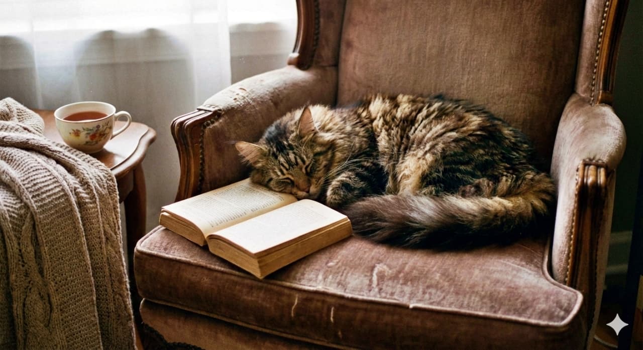 A photorealistic Maine Coon cat sleeps peacefully on an open book atop a vintage armchair, beside a floral teacup and a draped knitted blanket, bathed in soft natural light. フォトリアルなメインクーンが開いた本の上で静かに眠っている。ヴィンテージ調の肘掛け椅子に座り、花柄のティーカップと編み物のブランケットが添えられ、柔らかな自然光が空間を包んでいる