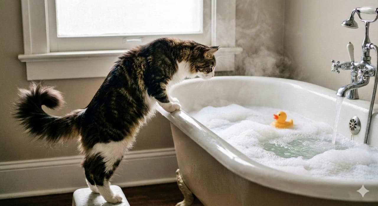 A photorealistic Maine Coon cat stands on a small stool, curiously peering into a steaming bathtub filled with bubbles and a floating yellow duck, illuminated by soft natural light. フォトリアルなメインクーンが小さな踏み台に乗り、湯気の立つ泡風呂を好奇心いっぱいに覗き込んでいる。黄色いアヒルが浮かび、柔らかな自然光が浴室を照らしている