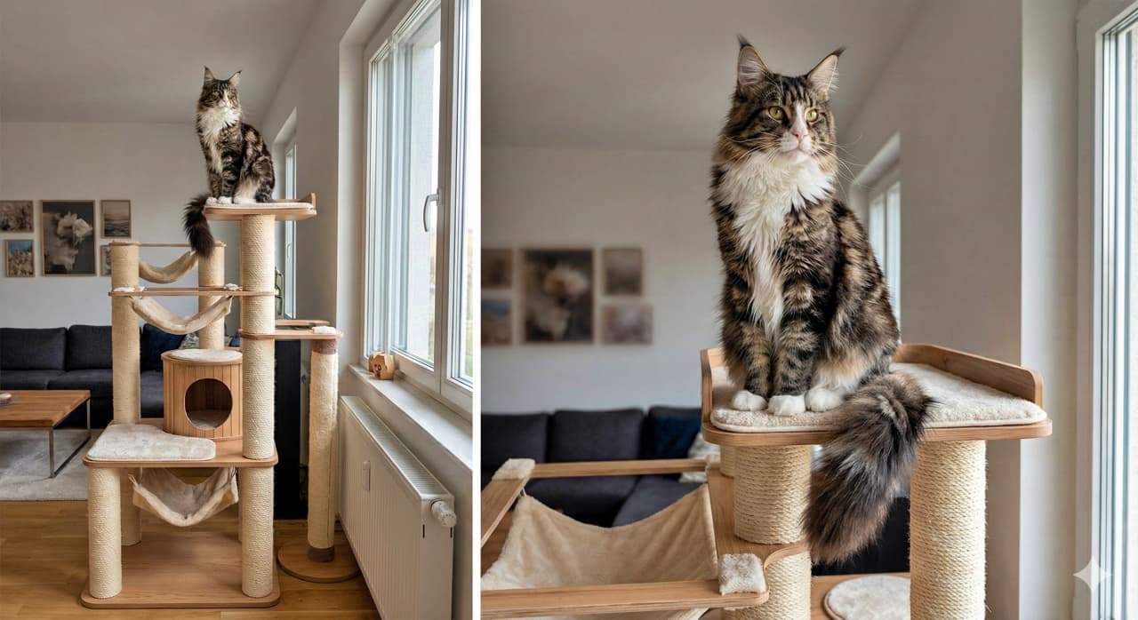 A photorealistic Maine Coon cat sits proudly atop a tall multi-level cat tower by the window, overlooking a cozy living room with wooden floors and framed wall art. フォトリアルなメインクーンが窓辺の多層キャットタワーの最上段に誇らしげに座っている。木製フローリングと額縁の壁飾りがある居心地の良い室内を見渡している